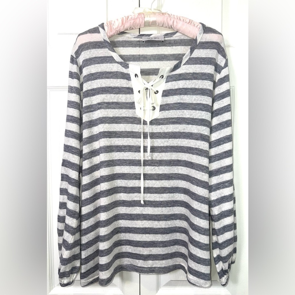 Lola & Sophie Striped Lace-Up Split Neck Linen Blend Top Size L